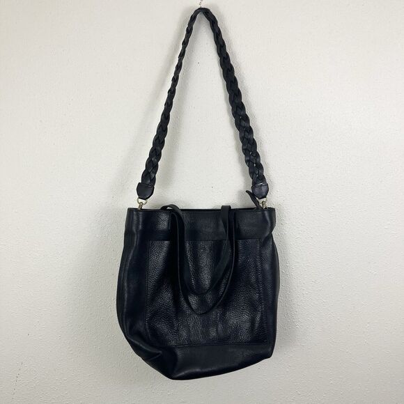 Madewell Black Leather Zip Tote Bag Braided Handle